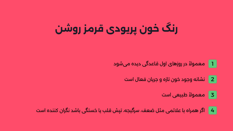 رنگ روشن خون پریود معمولاً در روزهای اول پریود دیده می‌شود